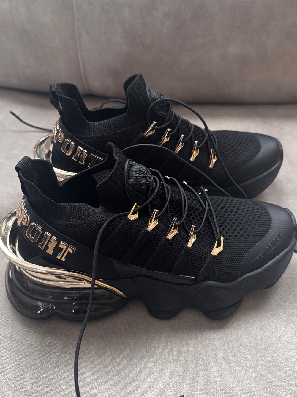 Philipp Plein Black Knit Sneakers with Gold Hardware Size 6, but fits a size 7